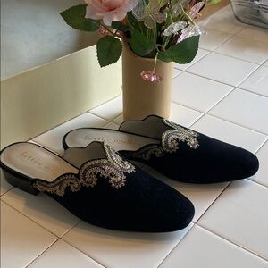 Bettye Muller Black Embroidered Slip-On Shoes